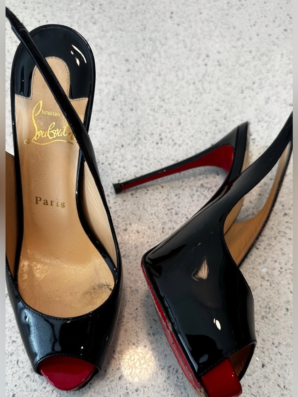 Christian Louboutin Black Patent Leather Peep-Toe Slingbacks with Red Soles